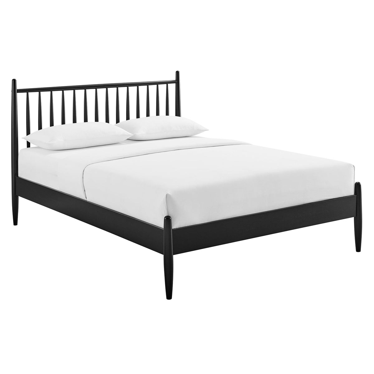 Zane spindle bed by Modway, black metal frame with white bedding and two pillows on Tampa Home & Garden Store