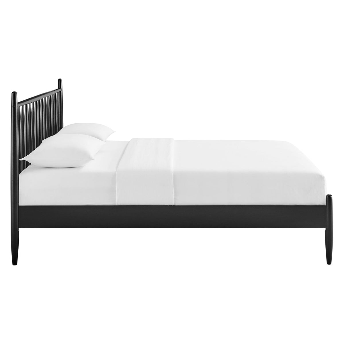 Zane Spindle Bed with black metal frame and white bedding for a minimalist modern look on Tampa Home & Garden Store