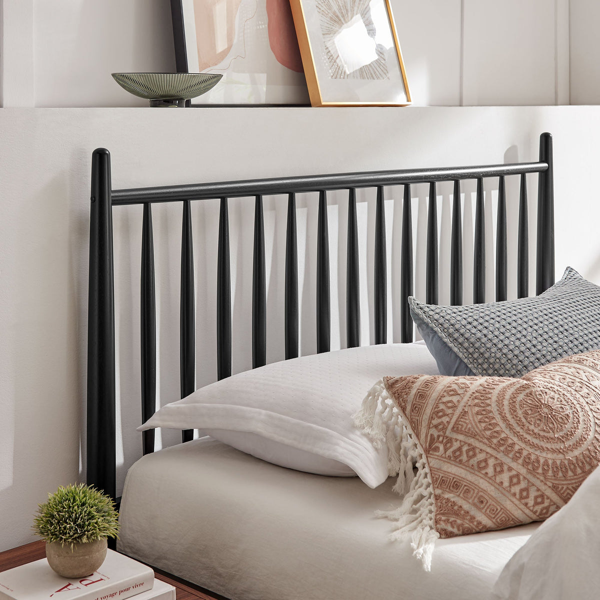 Zane Spindle Bed by Modway - black metal spindle frame with white bedding and a textured peach throw on Tampa Home & Garden Store