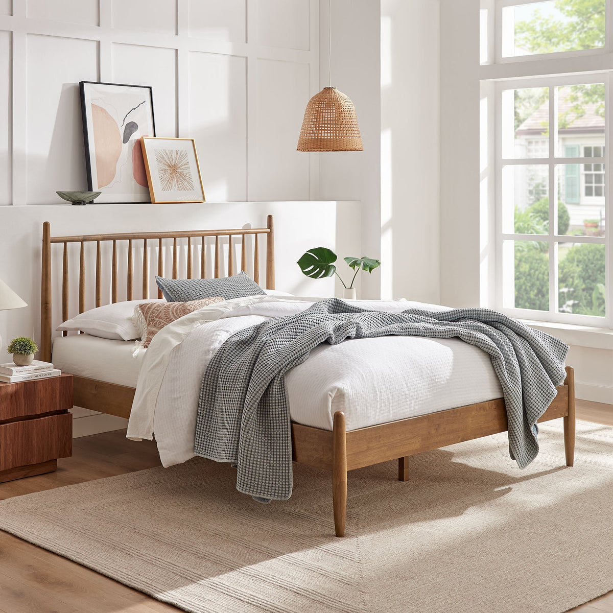 Zane Spindle Bed by Modway in warm wood with white bedding and plaid throw on Tampa Home & Garden Store