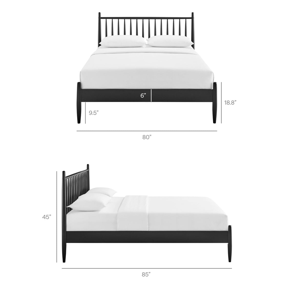 Zane Spindle Bed by Modway, black metal frame with white bedding and two pillows on display on Tampa Home & Garden Store