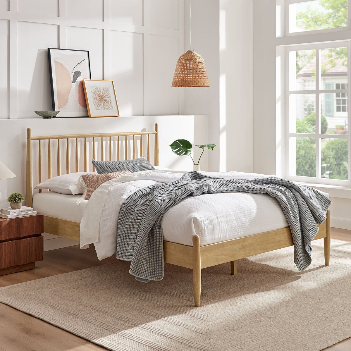 Zane Spindle Bed by Modway natural wood frame with white bedding HouseOfZazla on Tampa Home & Garden Store