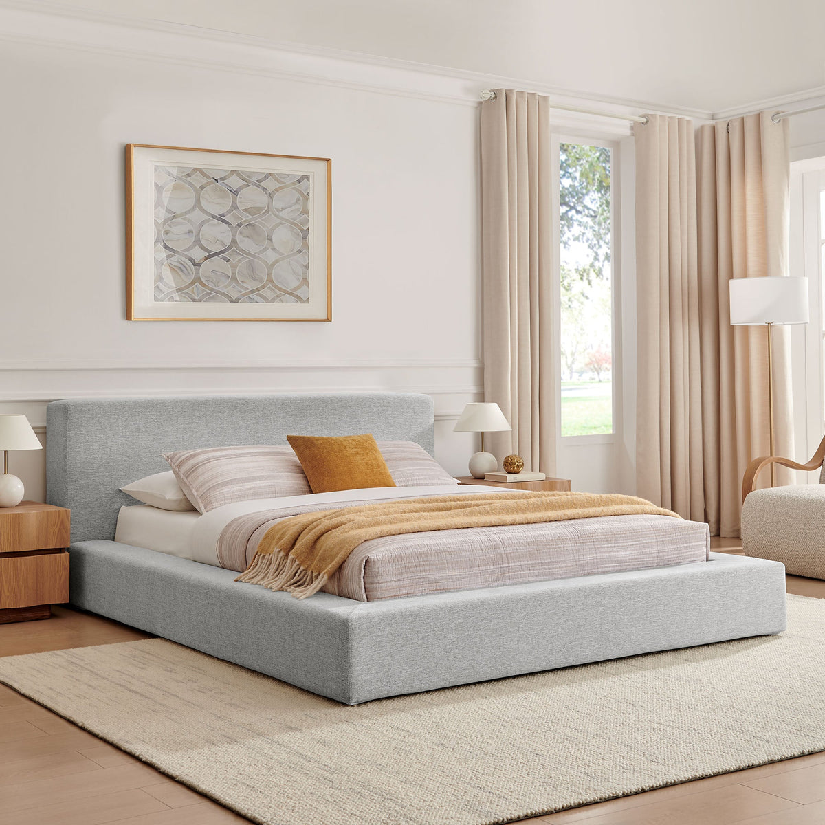 Luma Chenille upholstered platform bed frame in light gray with a low headboard on Tampa Home & Garden Store