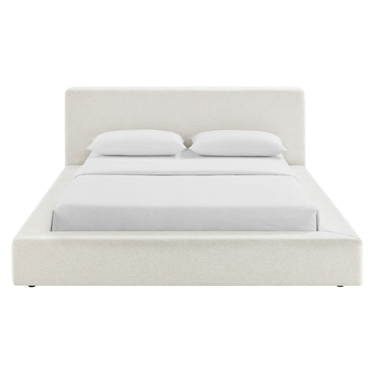 Luma Chenille Upholstered Platform Bed Frame beige with padded headboard and white linens on Tampa Home & Garden Store