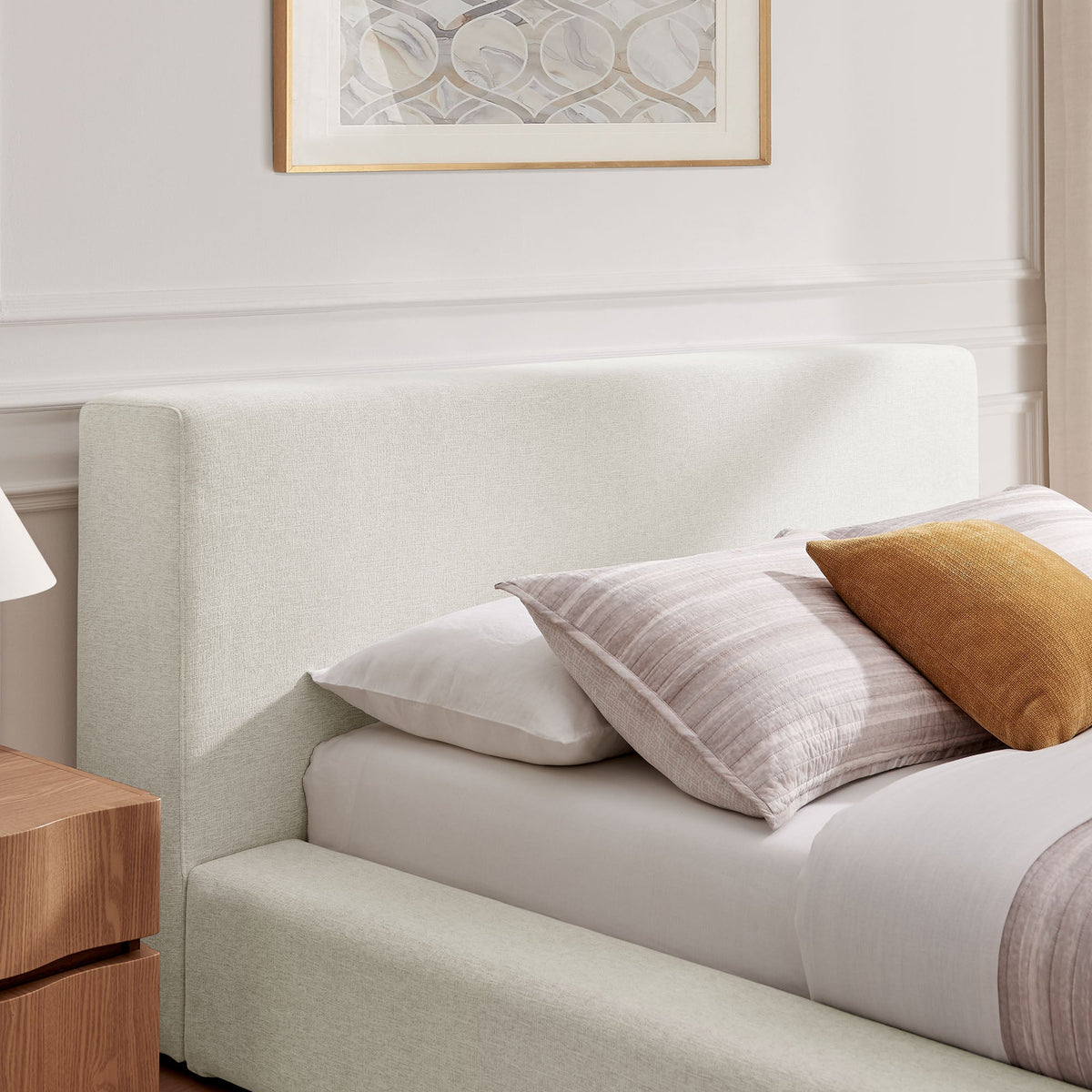 Luma Chenille upholstered platform bed frame in beige fabric, low-profile design by HouseOfZazla on Tampa Home & Garden Store