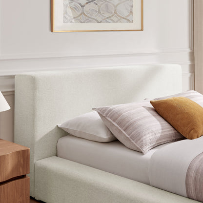 Luma Chenille upholstered platform bed frame in beige fabric, low-profile design by HouseOfZazla on Tampa Home & Garden Store