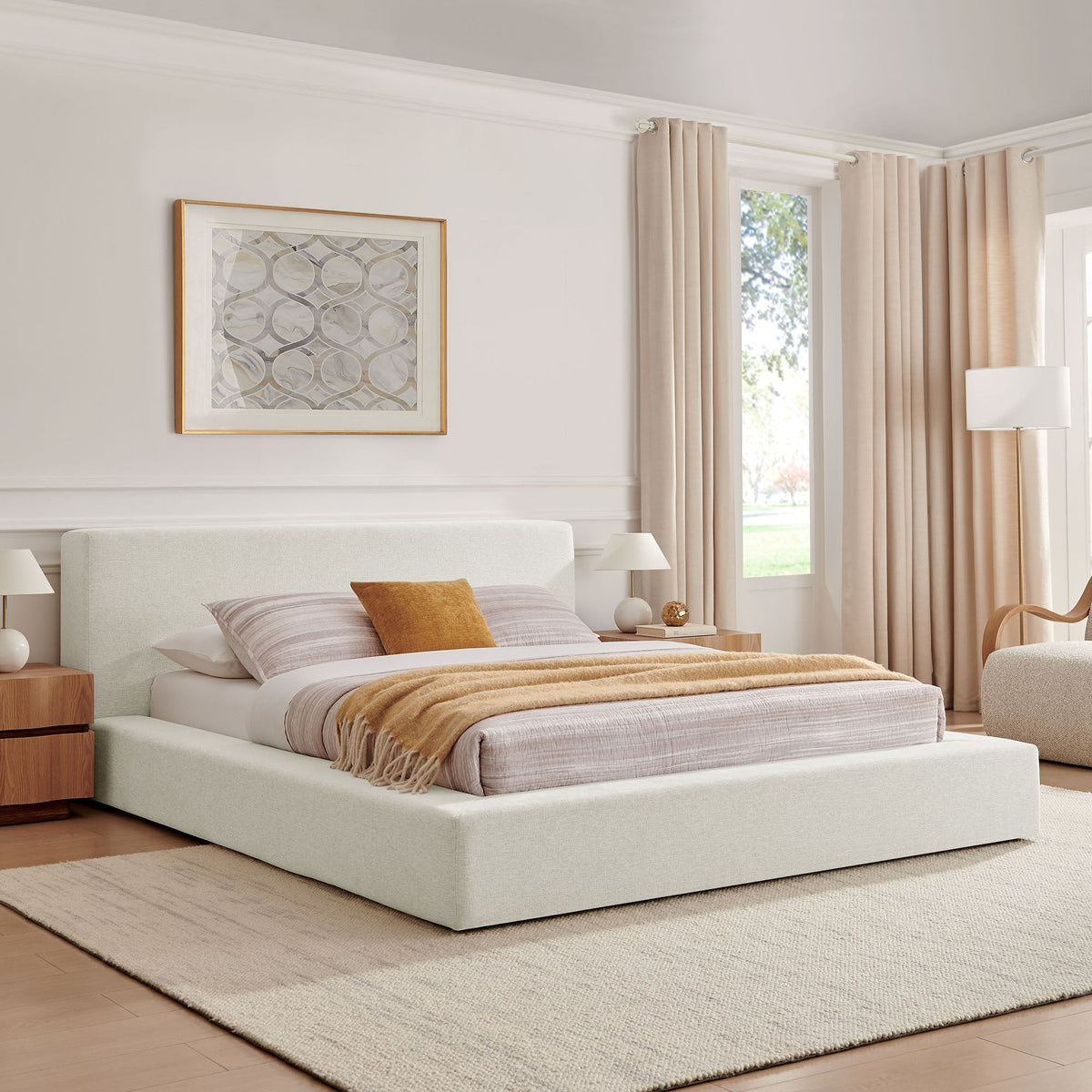 Luma Chenille Upholstered Platform Bed Frame in beige fabric with clean lines on Tampa Home & Garden Store