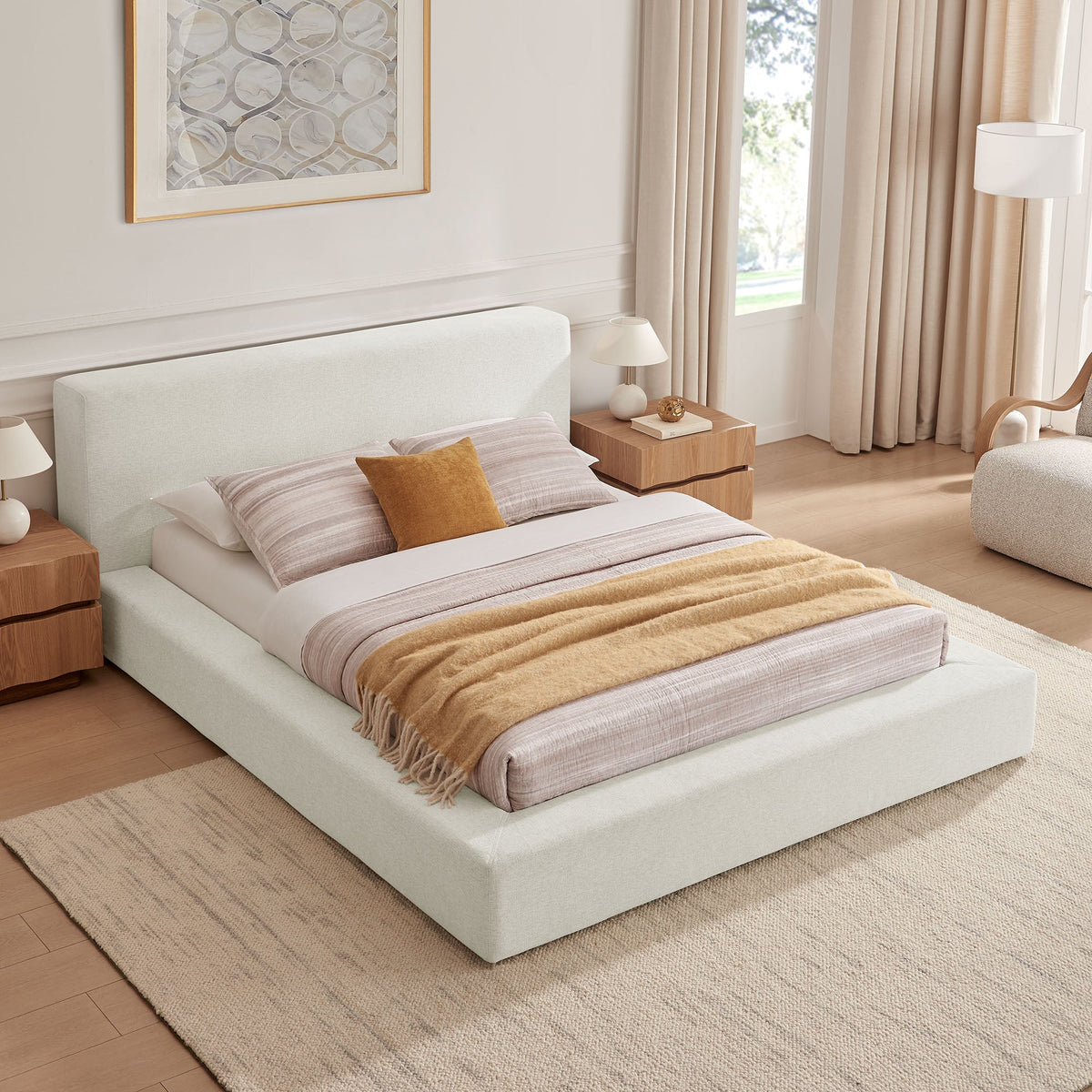 Luma Chenille upholstered platform bed frame beige, low-profile design by Modway on Tampa Home & Garden Store