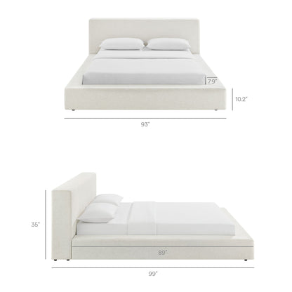 Luma Chenille upholstered platform bed frame by HouseOfZazla in beige with padded headboard on Tampa Home & Garden Store