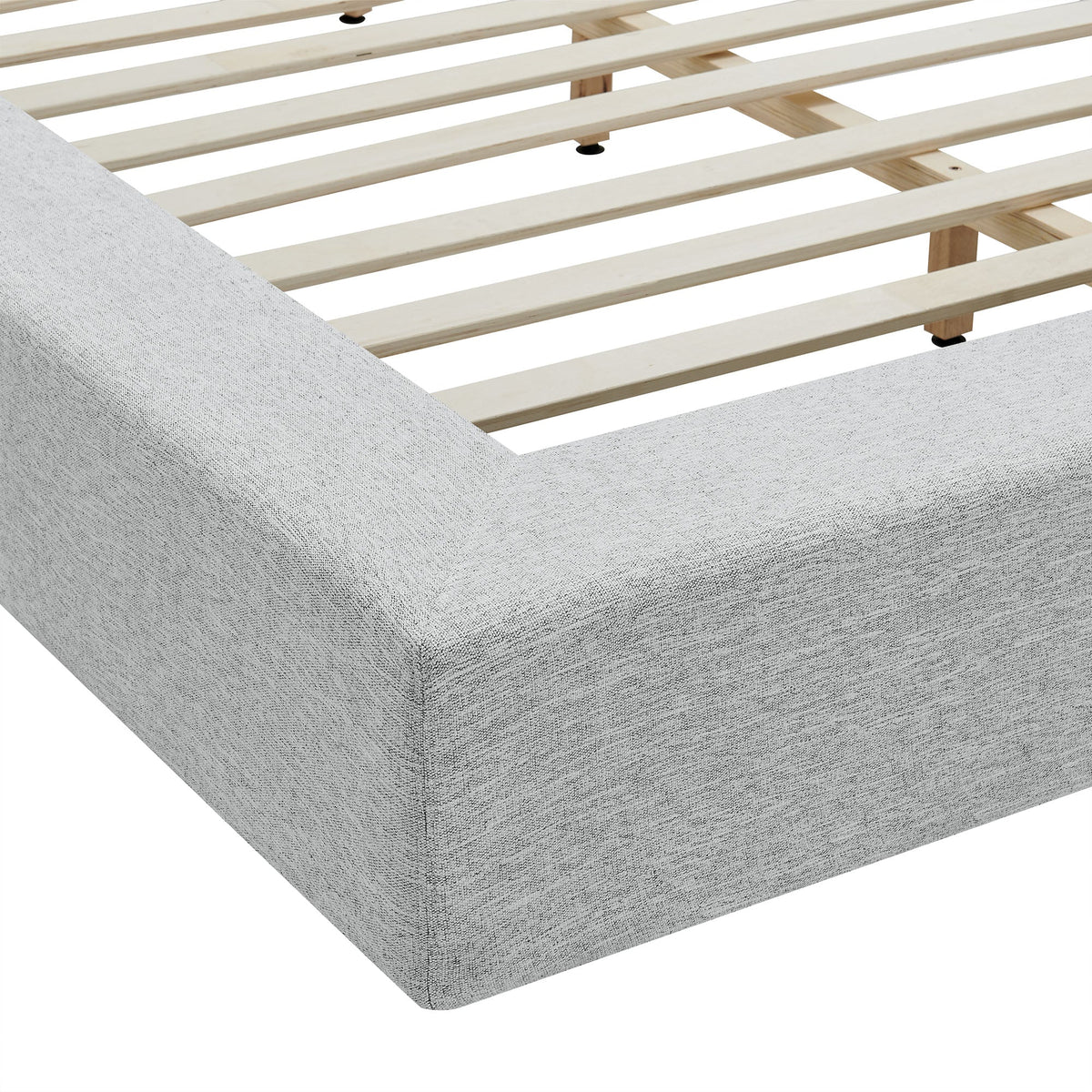 Luma Chenille Bed Frame with grey fabric upholstery and light wood slats on Tampa Home & Garden Store