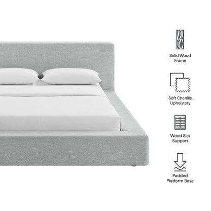 Luma Chenille Upholstered Platform Bed Frame in gray fabric with solid wood frame on Tampa Home & Garden Store