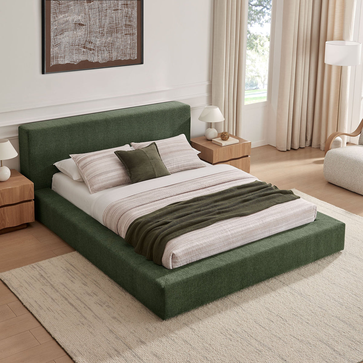 Luma Chenille upholstered platform bed frame in green with low headboard in a bedroom on Tampa Home & Garden Store