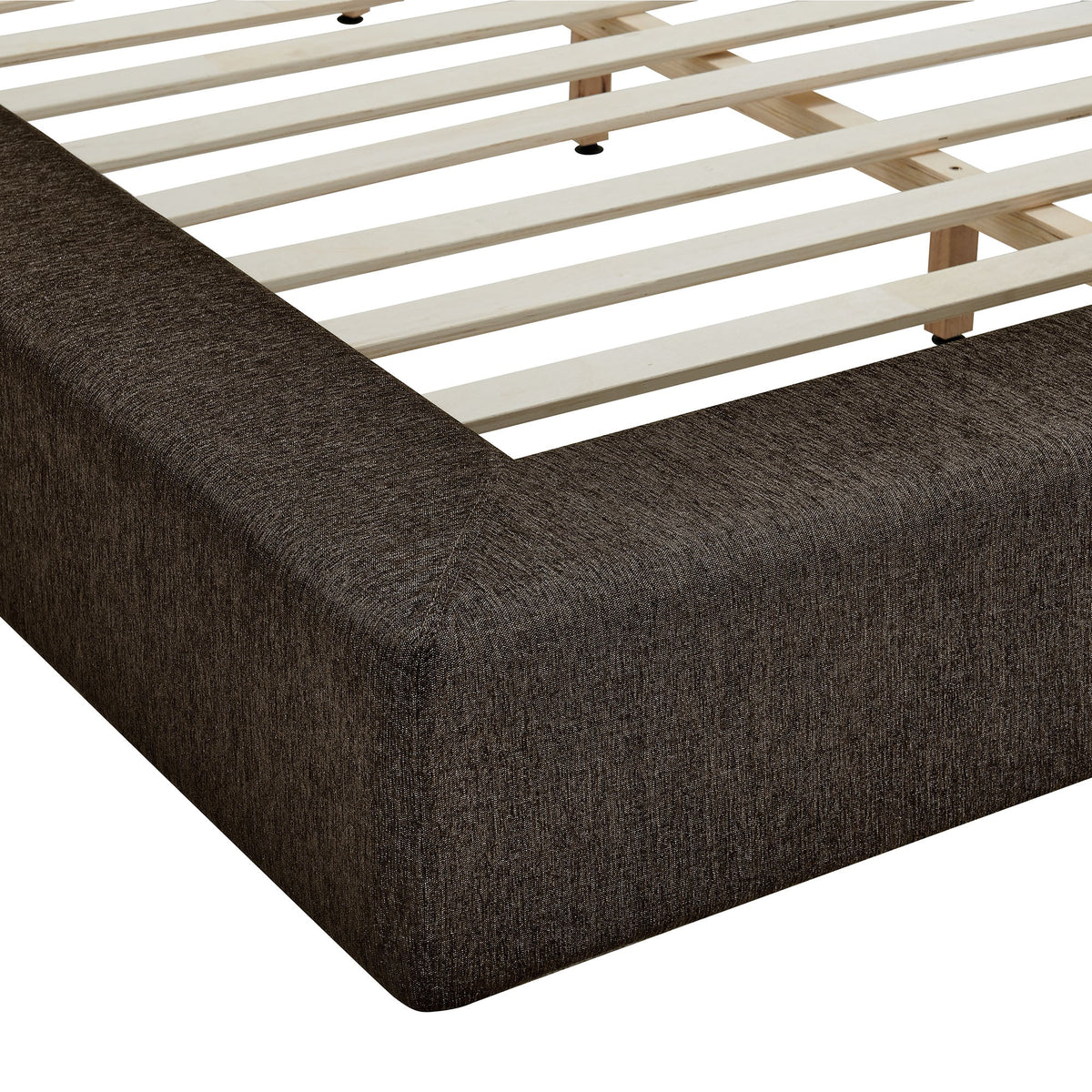 Luma chenille upholstered platform bed frame with light wood slat foundation in brown fabric on Tampa Home & Garden Store