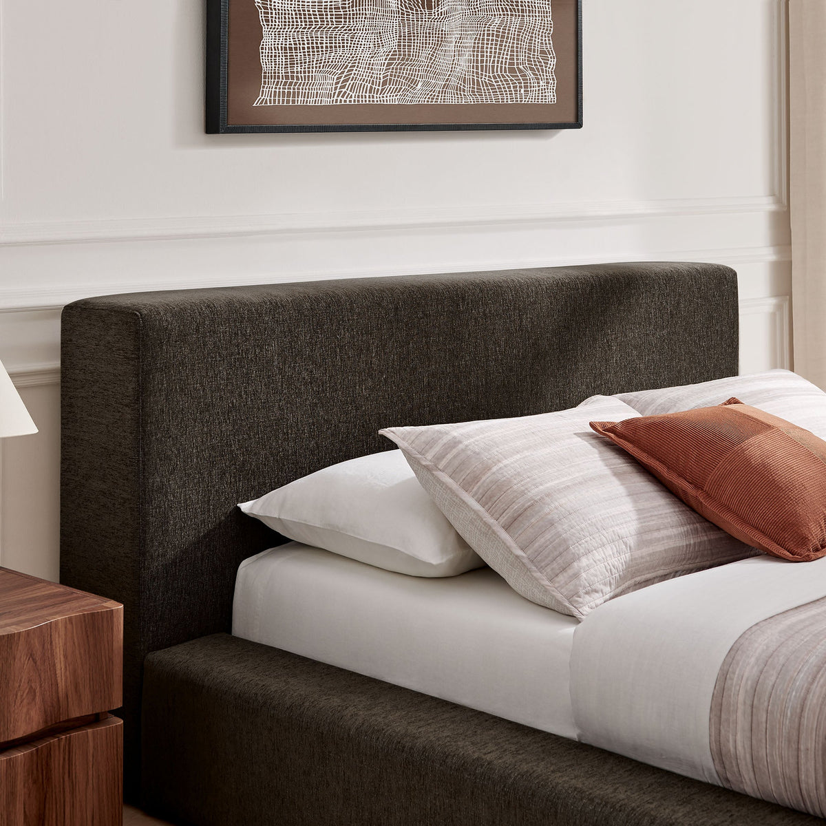 Luma Chenille Upholstered Platform Bed Frame in dark brown fabric by HouseOfZazla on Tampa Home & Garden Store