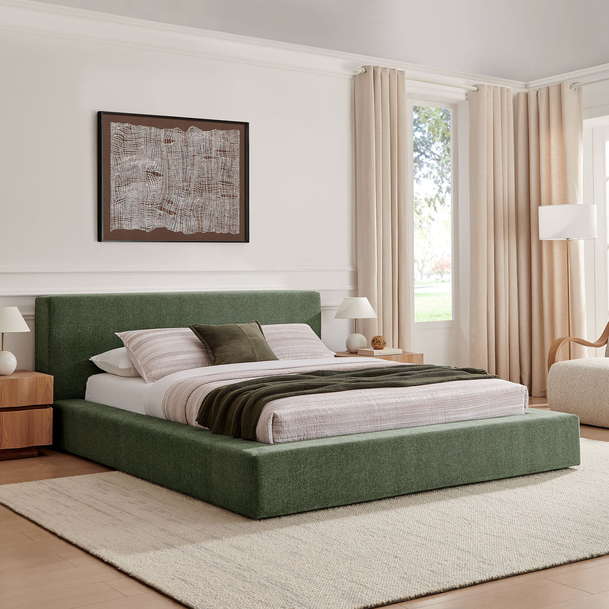 Luma Chenille upholstered platform bed frame in green with beige bedding and two nightstands on Tampa Home & Garden Store