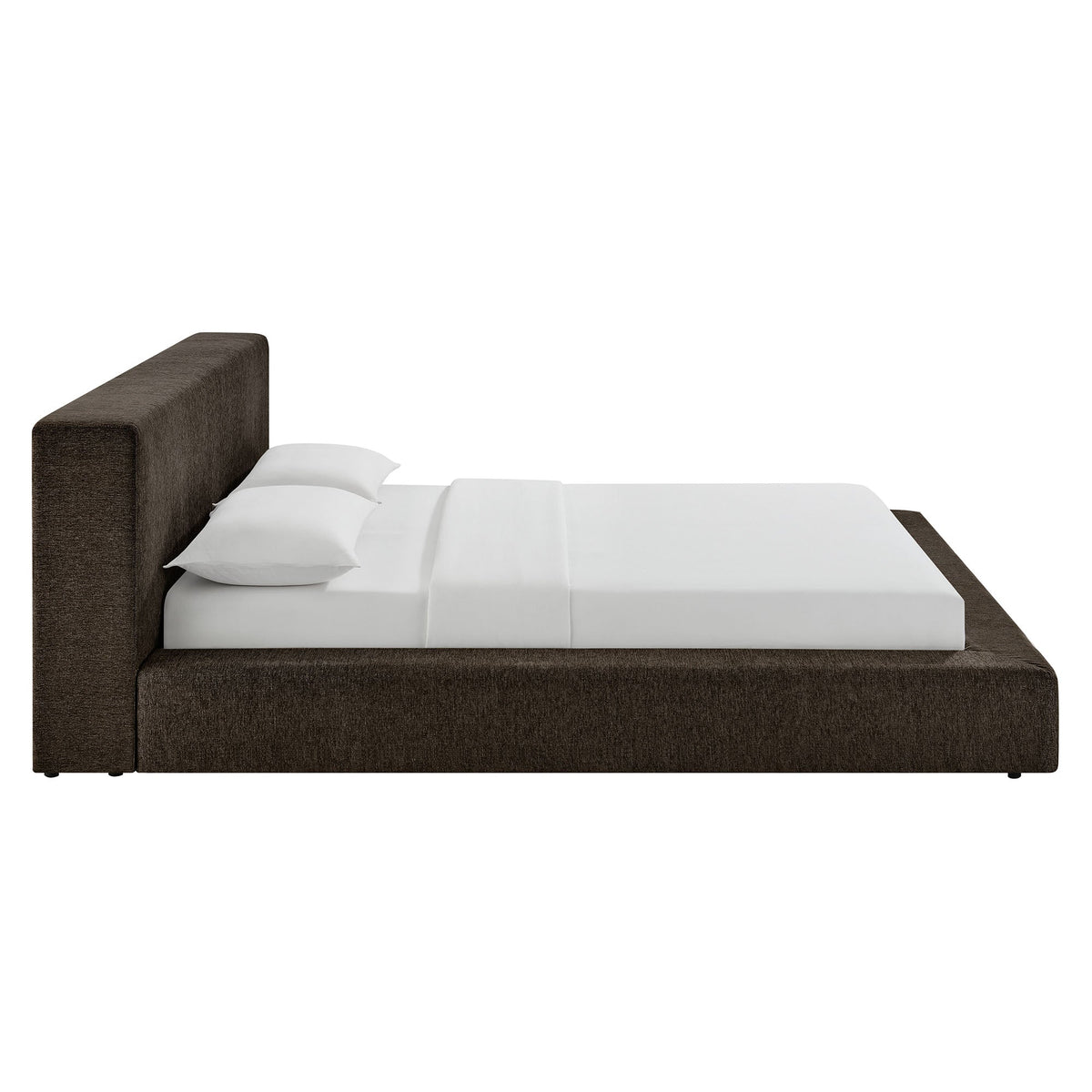 Luma Chenille upholstered platform bed frame in dark brown fabric with white bedding on Tampa Home & Garden Store