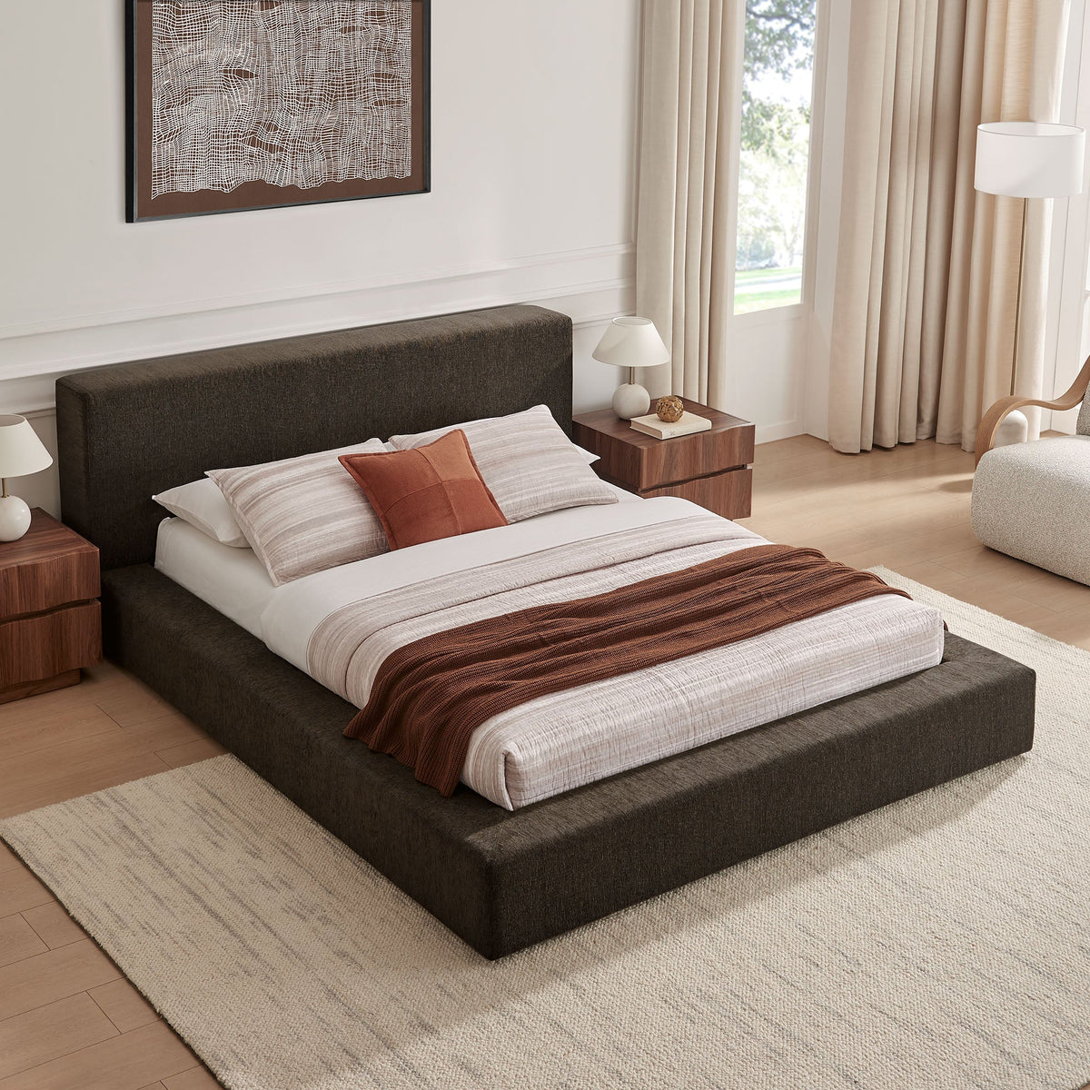 Luma Chenille upholstered platform bed frame by Modway in dark brown fabric, twin setup on Tampa Home & Garden Store