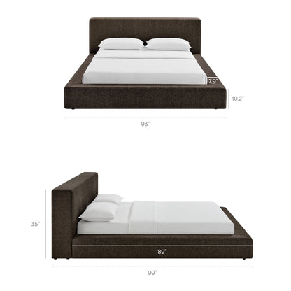 Luma Chenille Upholstered Platform Bed Frame brown chenille with white bedding and 2 pillows on Tampa Home & Garden Store