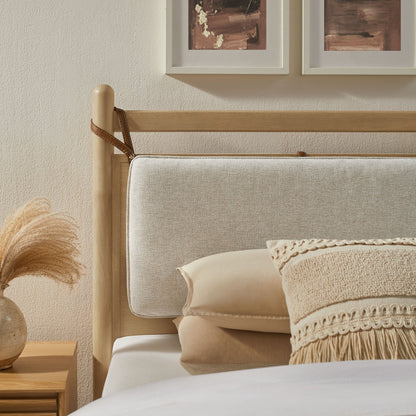 Leni Wood Platform Bed Frame by Modway in natural wood with beige upholstered headboard on Tampa Home & Garden Store