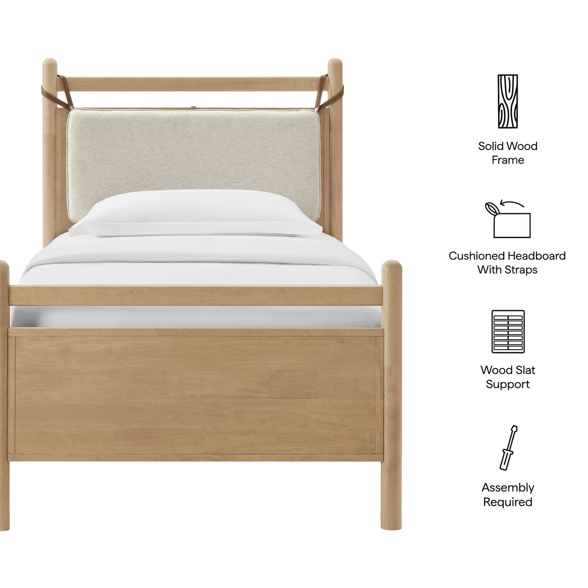 Leni Wood Platform Bed Frame by Modway, natural wood frame with beige cushioned headboard on Tampa Home & Garden Store