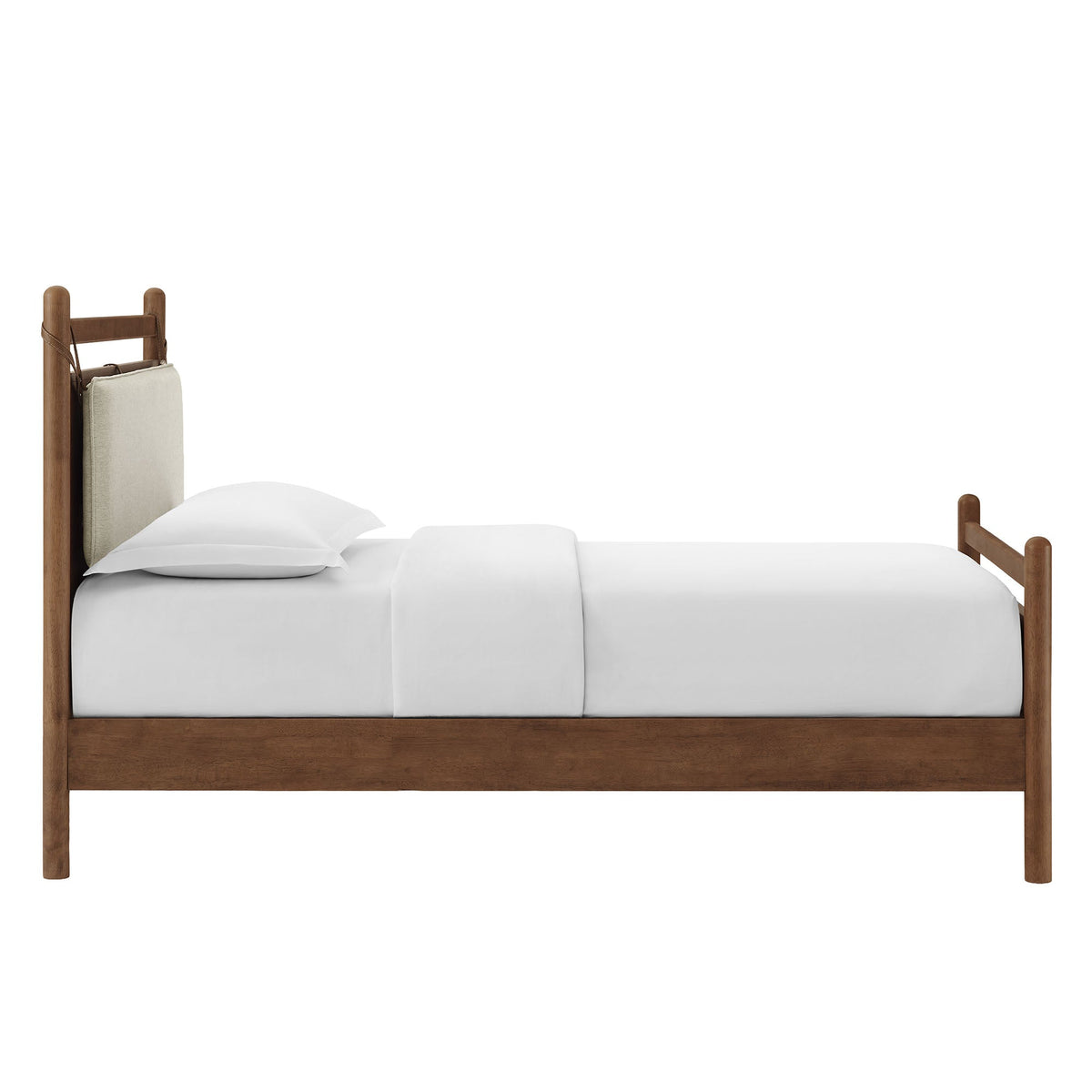 Leni Wood Platform Bed Frame in warm brown wood with beige cushioned headboard panel on Tampa Home & Garden Store