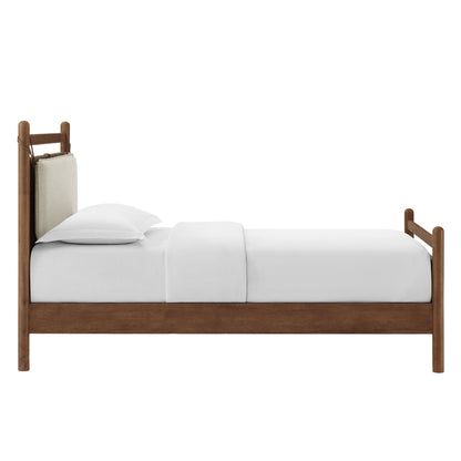 Leni Wood Platform Bed Frame in warm brown wood with beige cushioned headboard panel on Tampa Home & Garden Store