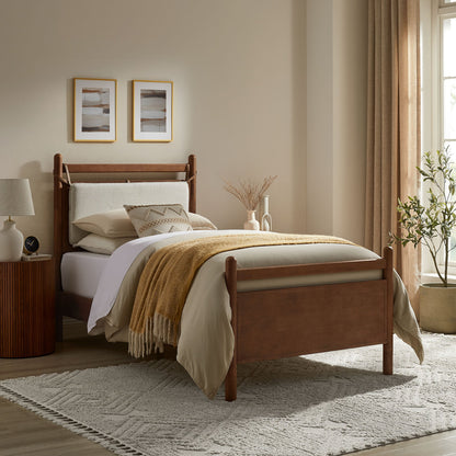 Leni Wood Platform Bed Frame by Modway in warm wood with beige bedding in a sunlit bedroom on Tampa Home & Garden Store