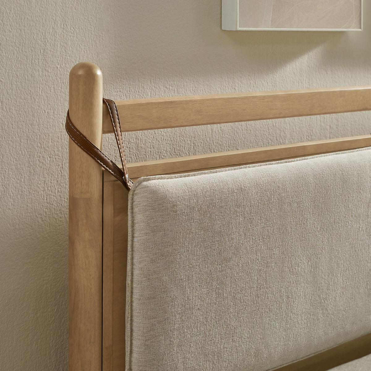 Leni Wood Platform Bed Frame by Modway oak finish with bed skirt and leather strap at post on Tampa Home & Garden Store