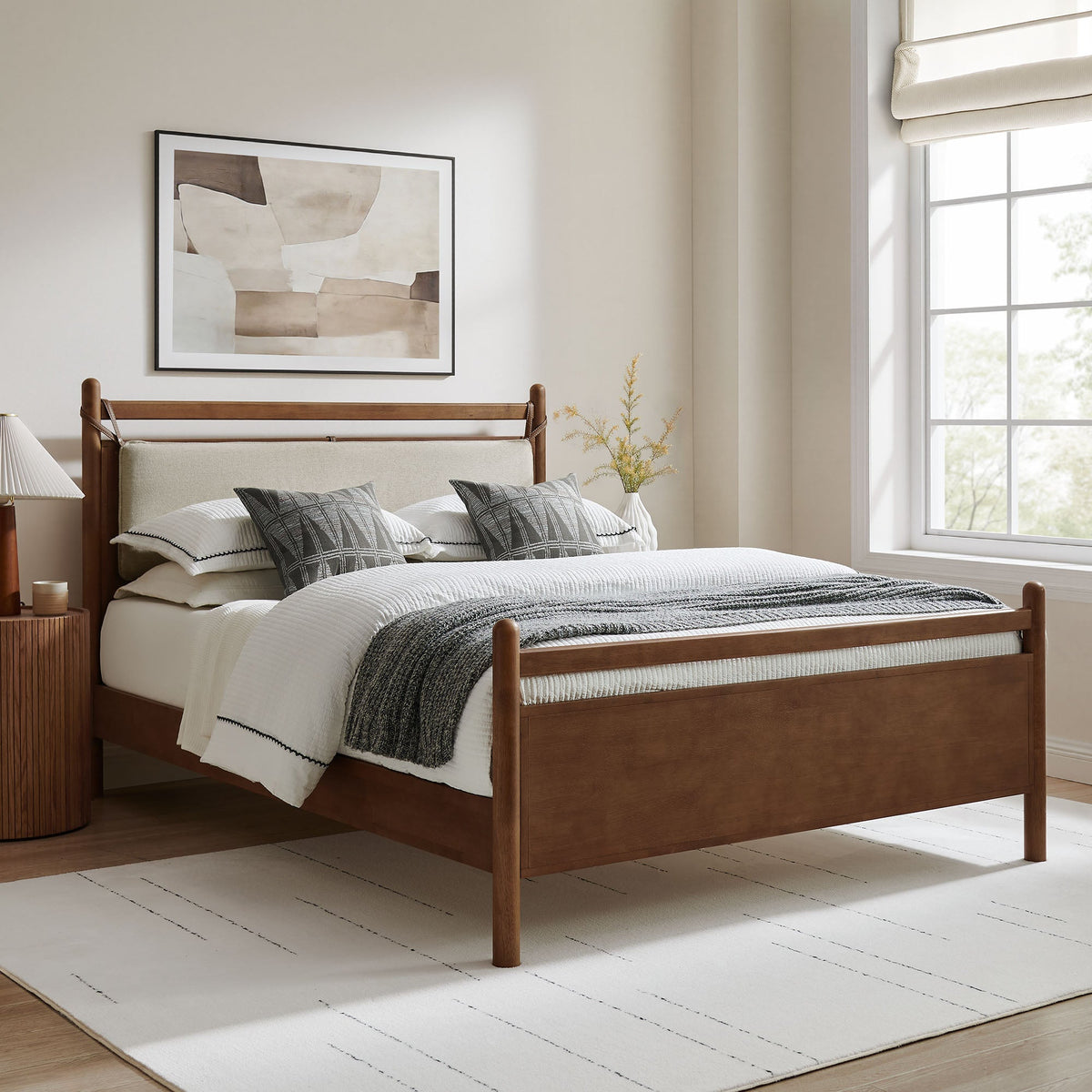 Leni Wood Platform Bed Frame with light upholstered headboard in warm wood finish by Modway on Tampa Home & Garden Store
