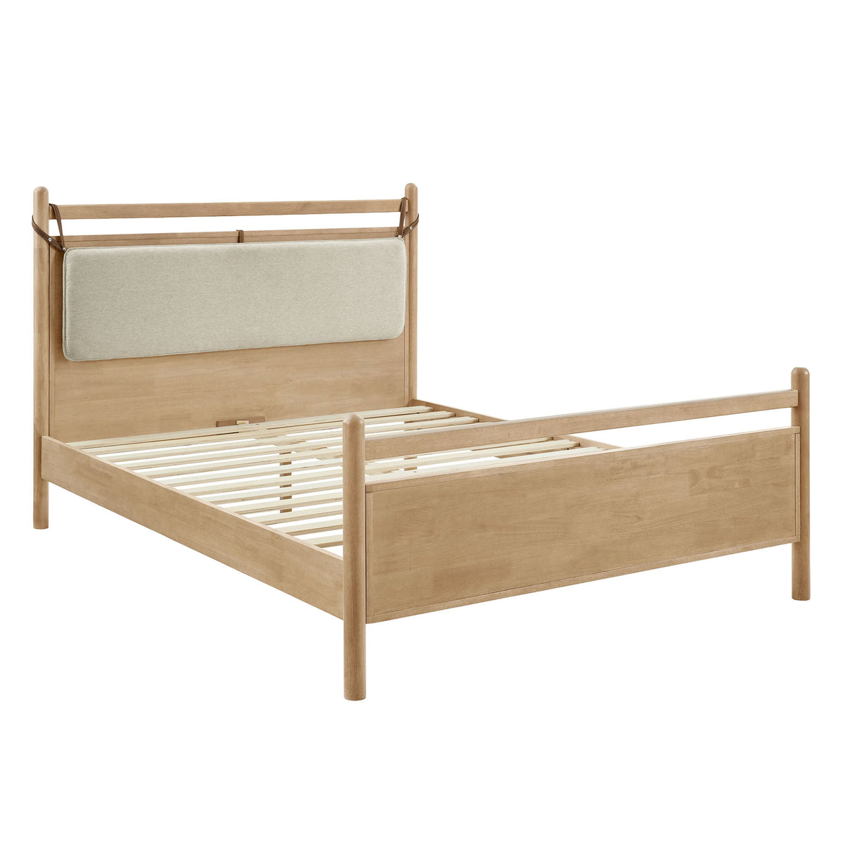 Leni Wood Platform Bed Frame natural wood with beige upholstered headboard and slatted base on Tampa Home & Garden Store