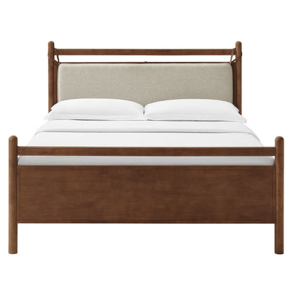 Leni Wood Platform Bed Frame by Modway with warm brown wood and beige upholstered headboard on Tampa Home & Garden Store