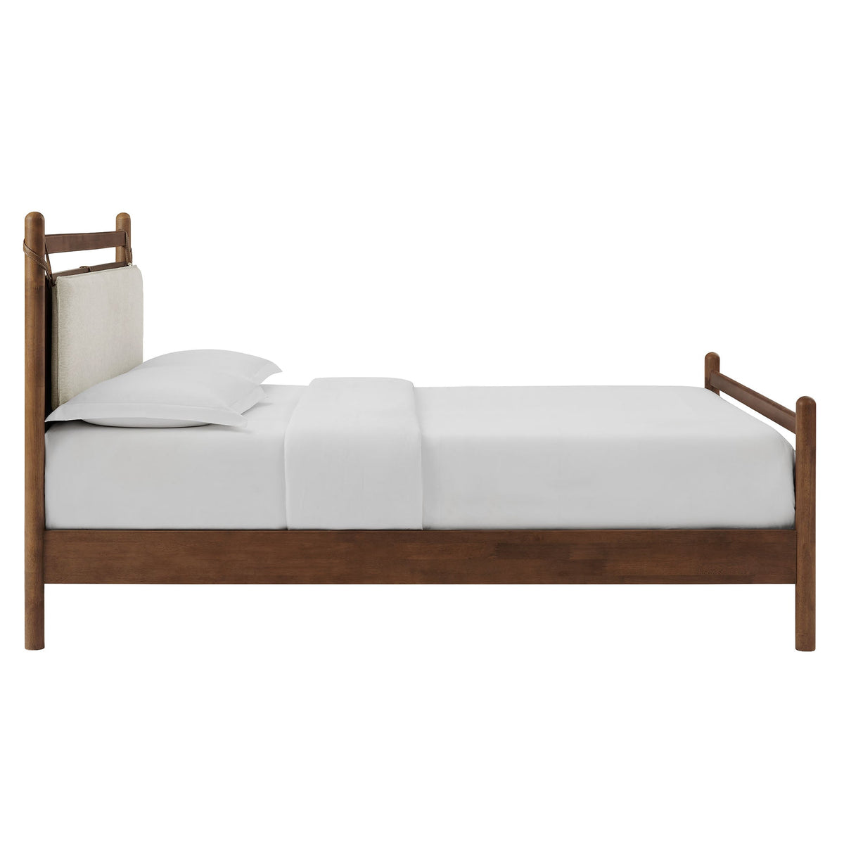 Leni Wood Platform Bed Frame by Modway in warm brown wood with white bedding on Tampa Home & Garden Store