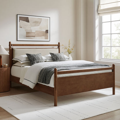 Leni Wood Platform Bed Frame by Modway in warm wood finish with beige upholstered headboard on Tampa Home & Garden Store