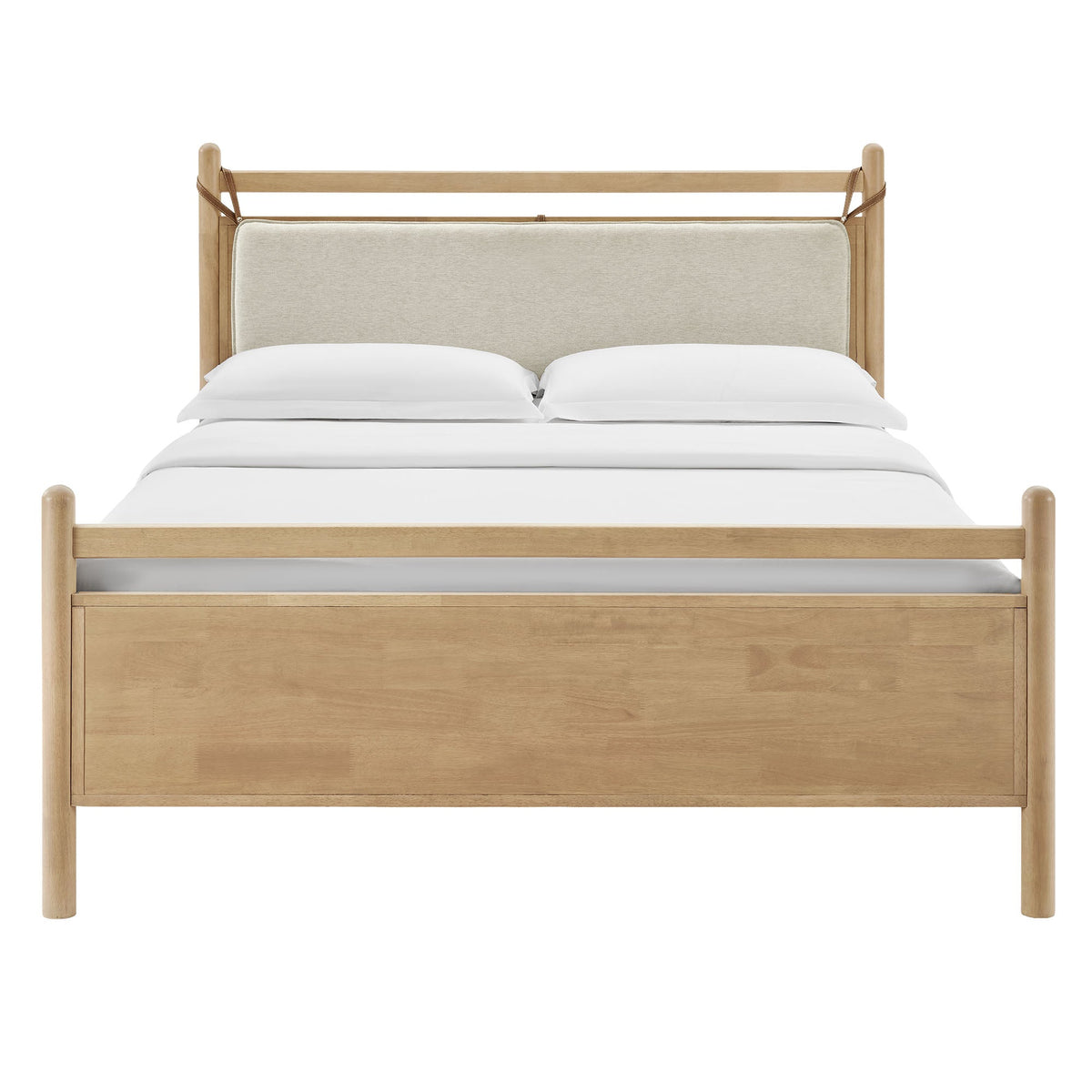 Leni Wood Platform Bed Frame by Modway, natural oak wood with beige upholstered headboard on Tampa Home & Garden Store