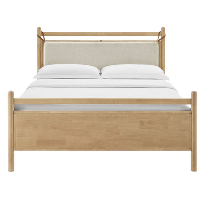 Leni Wood Platform Bed Frame by Modway, natural oak wood with beige upholstered headboard on Tampa Home & Garden Store