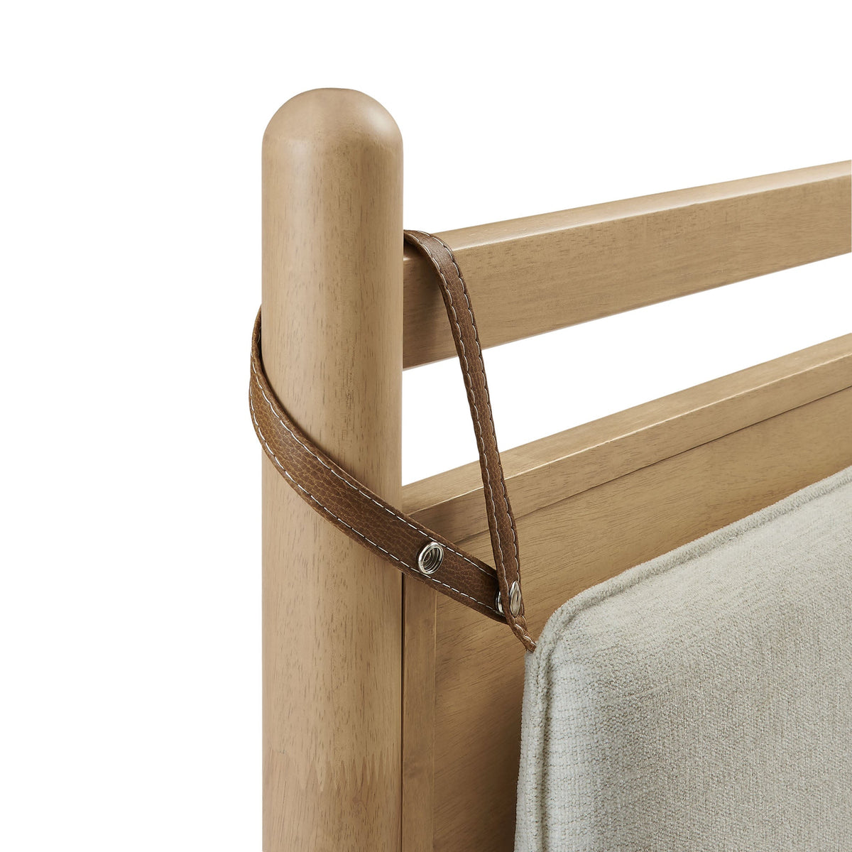 Leni Wood Platform Bed Frame natural wood finish with brown leather strap accents on Tampa Home & Garden Store