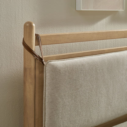 Leni wood platform bed frame with beige bed skirt and leather strap detail on oak posts on Tampa Home & Garden Store