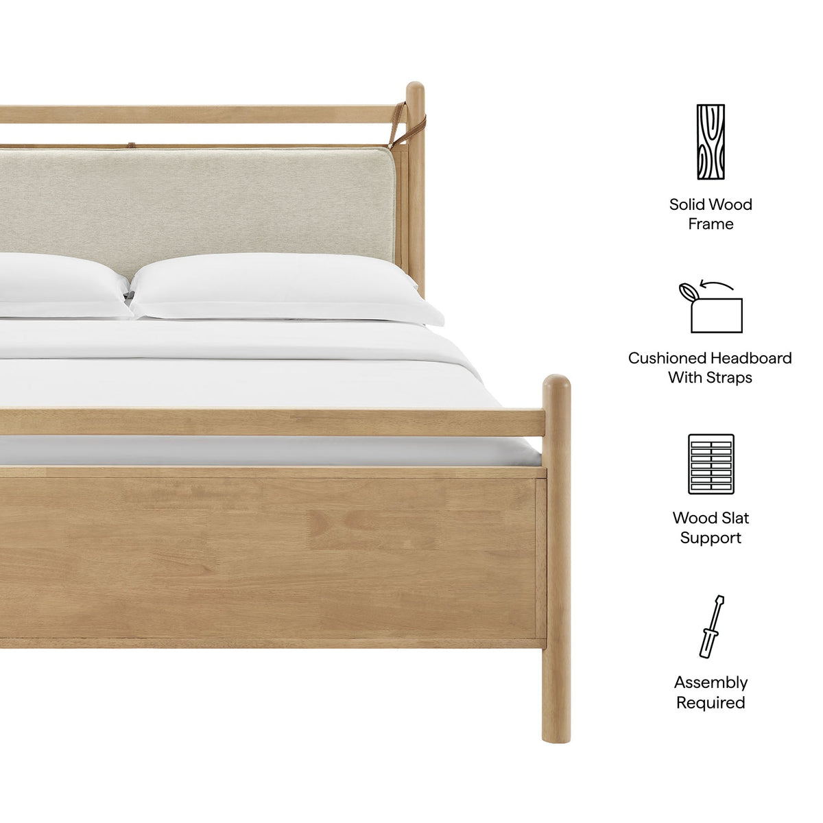 Leni Wood Platform Bed Frame by Modway with cushioned beige headboard and light wood frame on Tampa Home & Garden Store