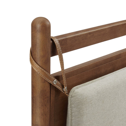 Leni Wood Platform Bed Frame by Modway brown wood, beige bed skirt, leather straps on Tampa Home & Garden Store