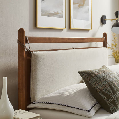 Leni Wood Platform Bed Frame by Modway in warm brown wood with beige fabric cushions on Tampa Home & Garden Store