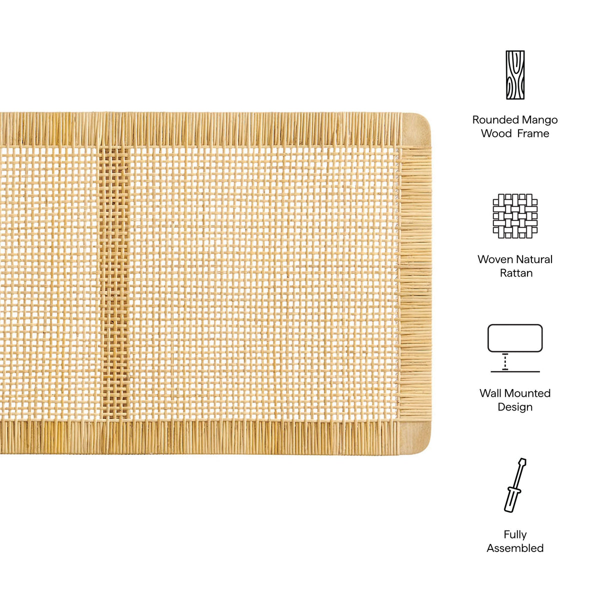Headboard Sandy wall-mounted woven natural rattan with rounded mango wood frame on Tampa Home & Garden Store