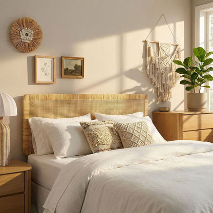 Sandy wall-mounted wood and rattan headboard in natural finish with woven cane panel by Modway on Tampa Home & Garden Store
