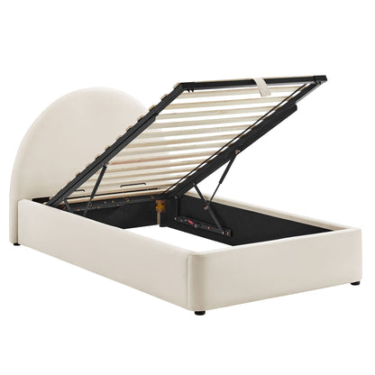 Resort Arched Velvet Storage Platform Bed Frame by Modway, bed with black metal lift on Tampa Home & Garden Store