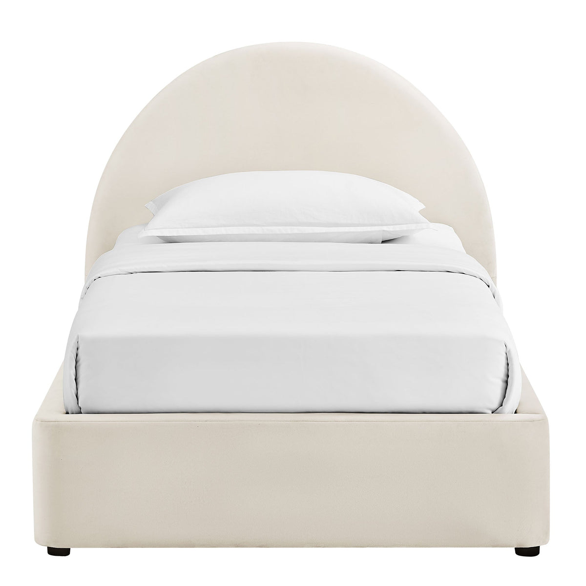 Resort arched velvet storage platform bed frame in ivory cream with bedskirts on Tampa Home & Garden Store