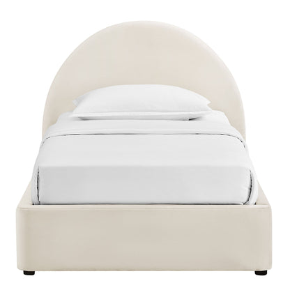 Resort arched velvet storage platform bed frame in ivory cream with bedskirts on Tampa Home & Garden Store