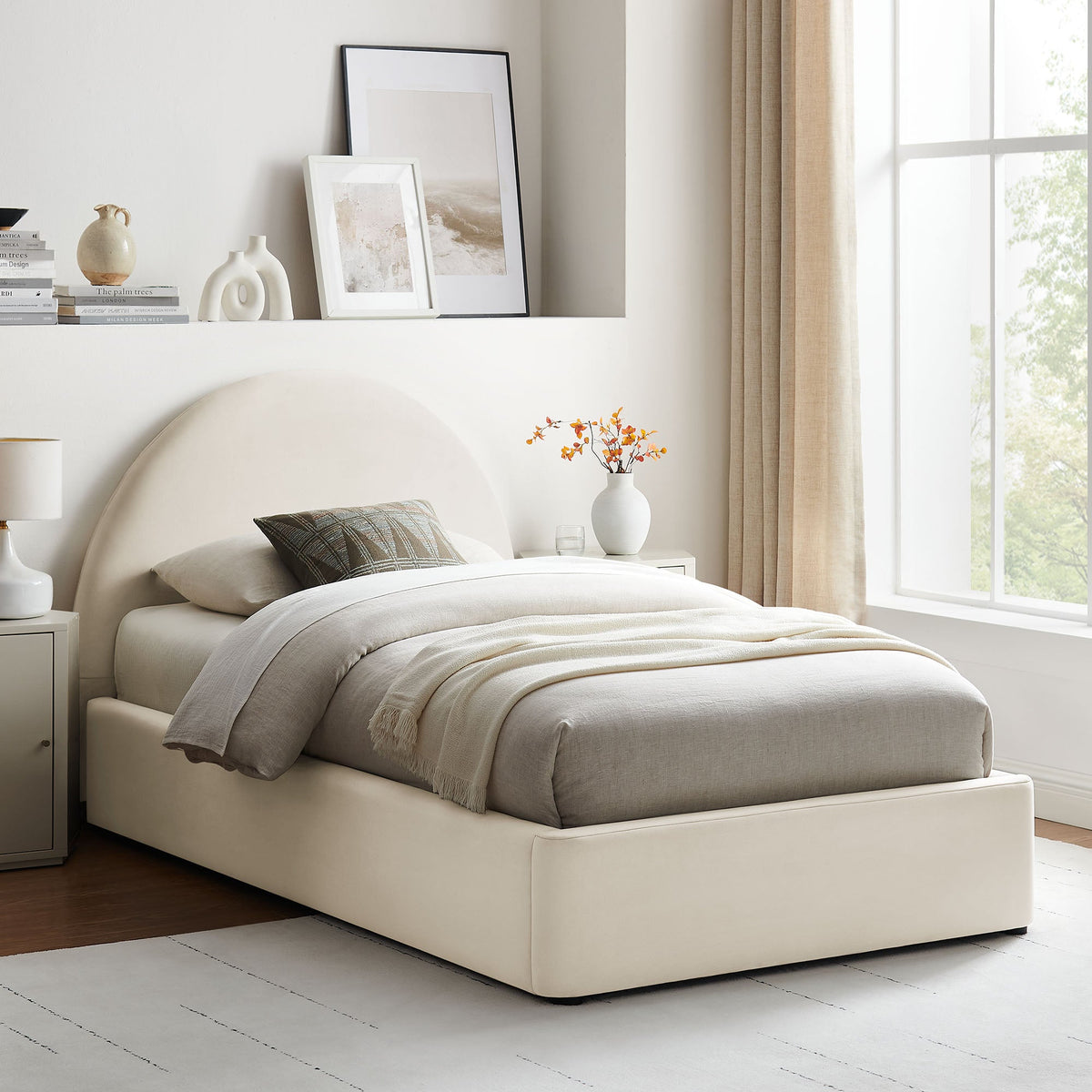 Resort Arched Velvet Storage Platform Bed Frame in beige with rounded headboard on Tampa Home & Garden Store