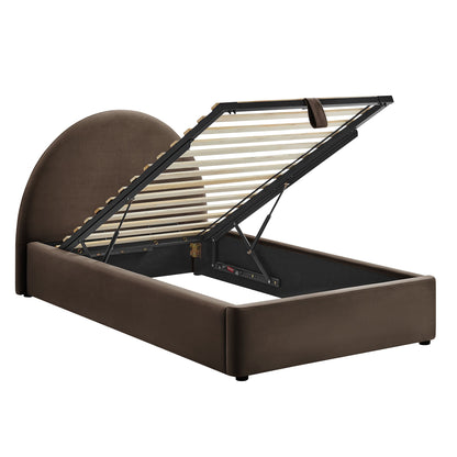 Resort arched brown velvet storage platform bed frame with lift-up storage and bed skirt on Tampa Home & Garden Store