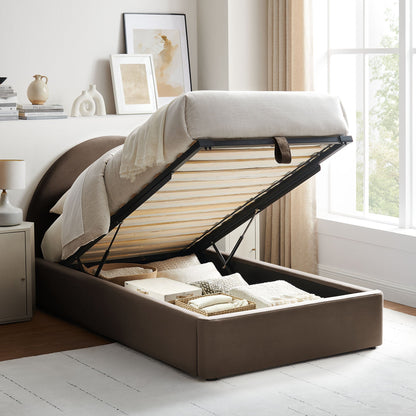 Resort Arched Velvet Platform Bed Frame in taupe with underbed storage in a neutral space on Tampa Home & Garden Store