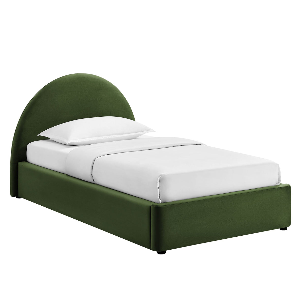 Resort arched velvet storage platform bed frame in green with white bedding on Tampa Home & Garden Store