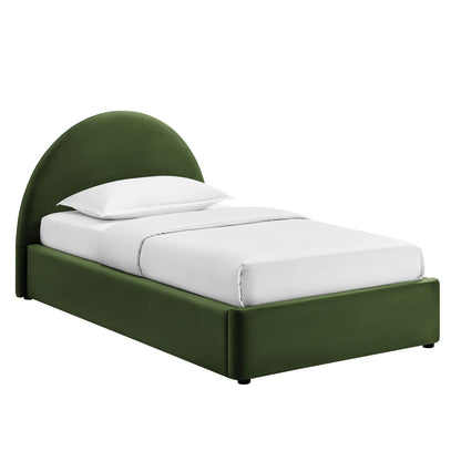 Resort arched velvet storage platform bed frame in green with white bedding on Tampa Home & Garden Store